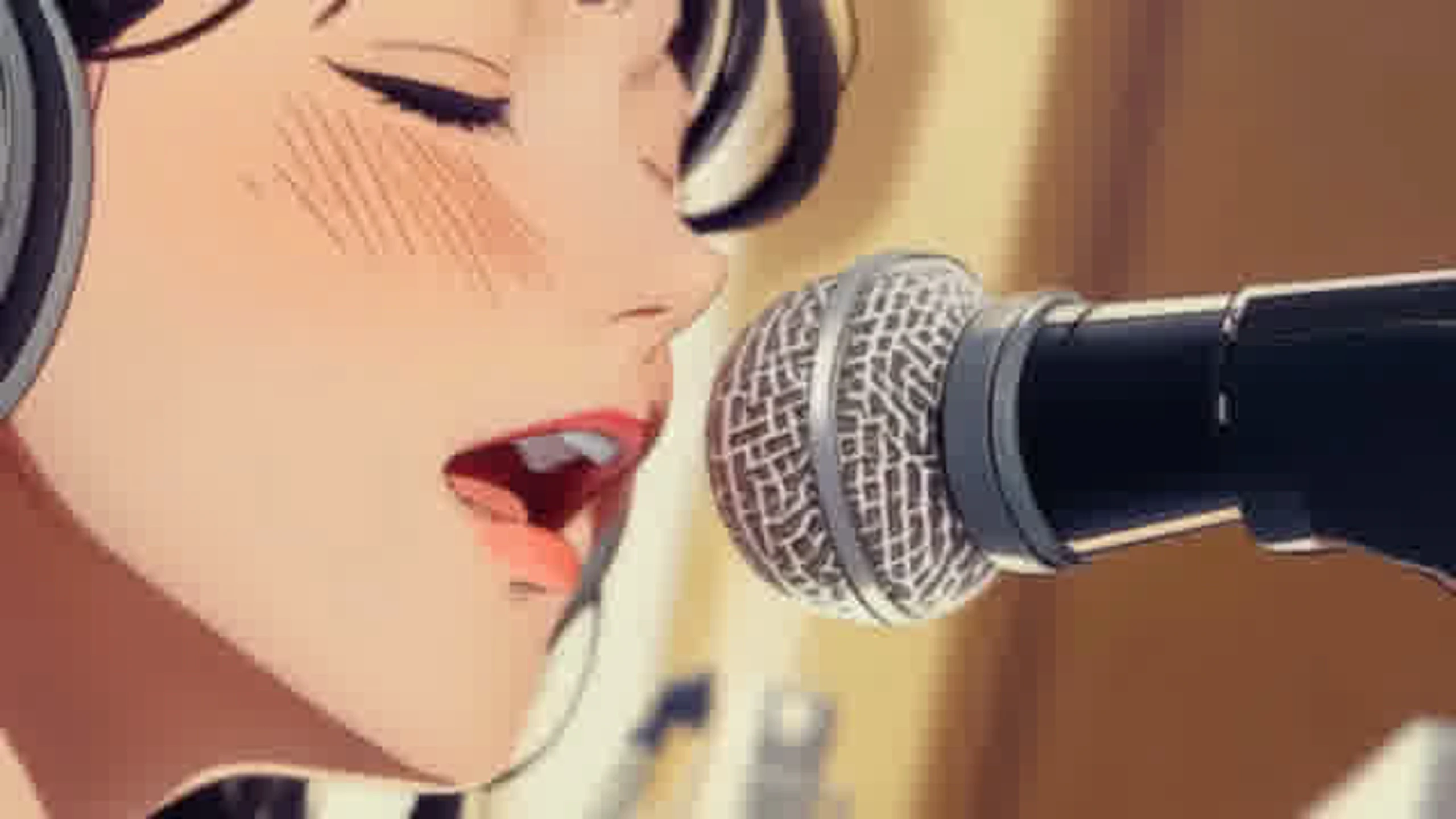 Before: a heavily compressed 360p anime frame of a singer at a microphone, with blocky, blurred line art