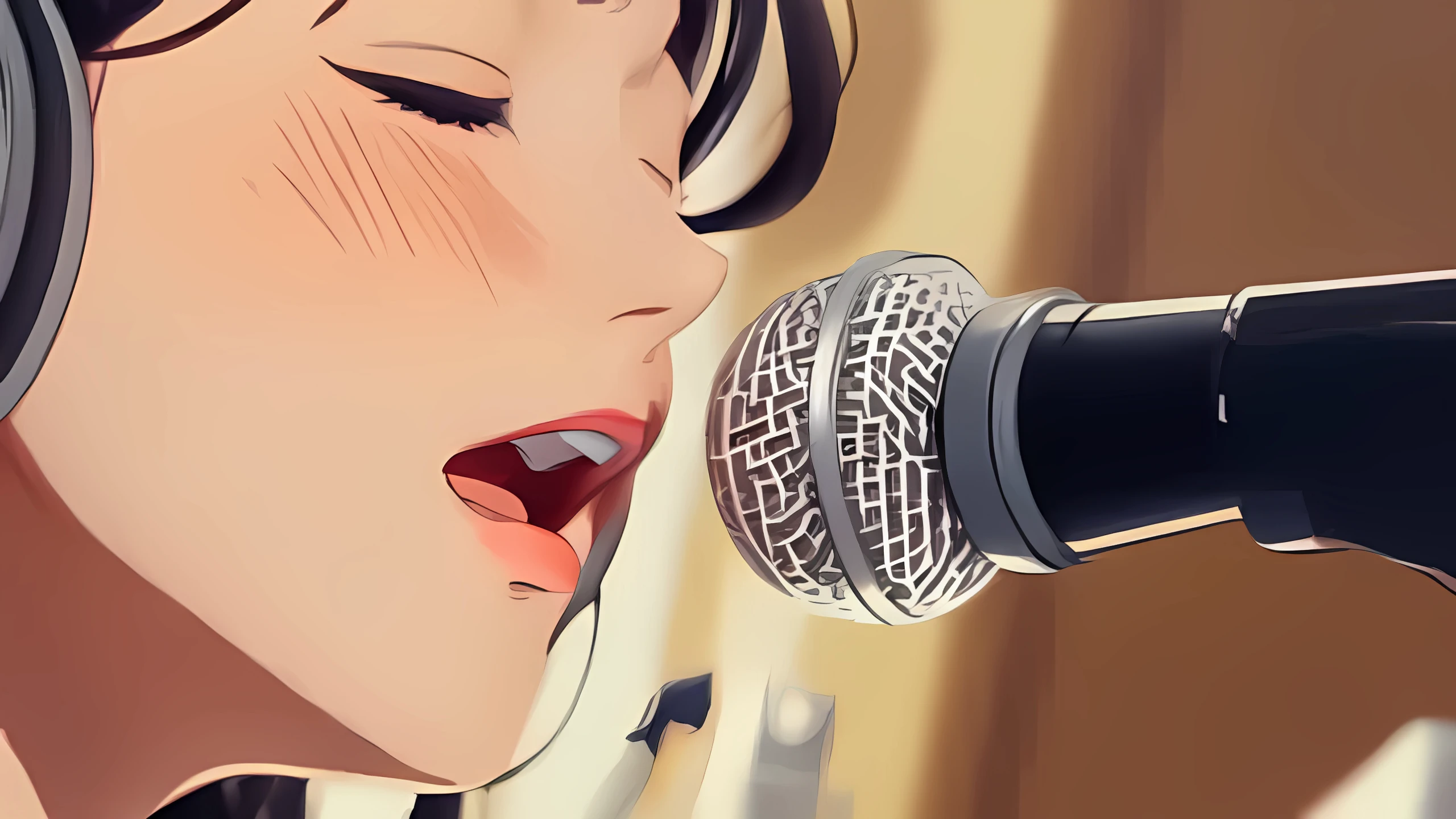 After: the same anime singer at the microphone upscaled 4× with the Anime model, with clean lines and sharp hair and eye detail