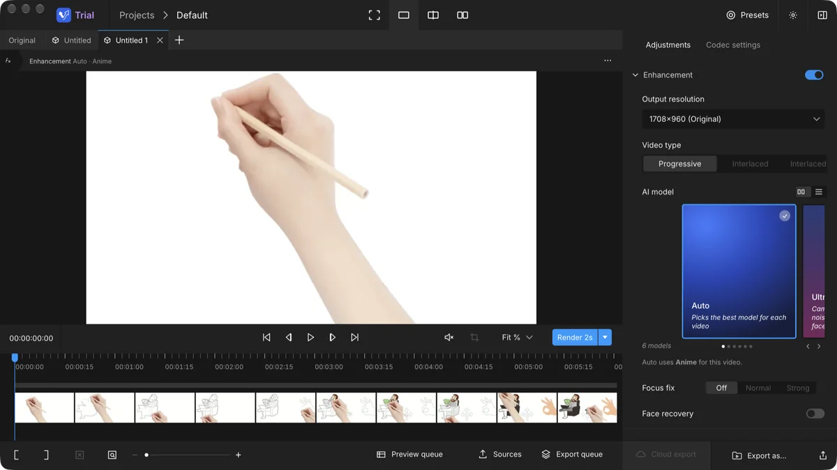 Mac에서 실행 중인 VideoUpscaler 데스크톱 앱. AI 모델 선택, 출력 해상도, 렌더 미리보기가 보입니다