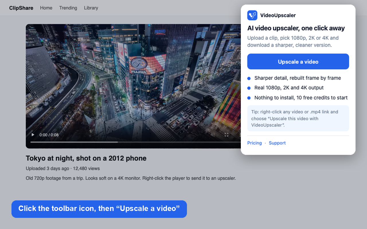 VideoUpscaler Chrome拡張機能のポップアップ画面